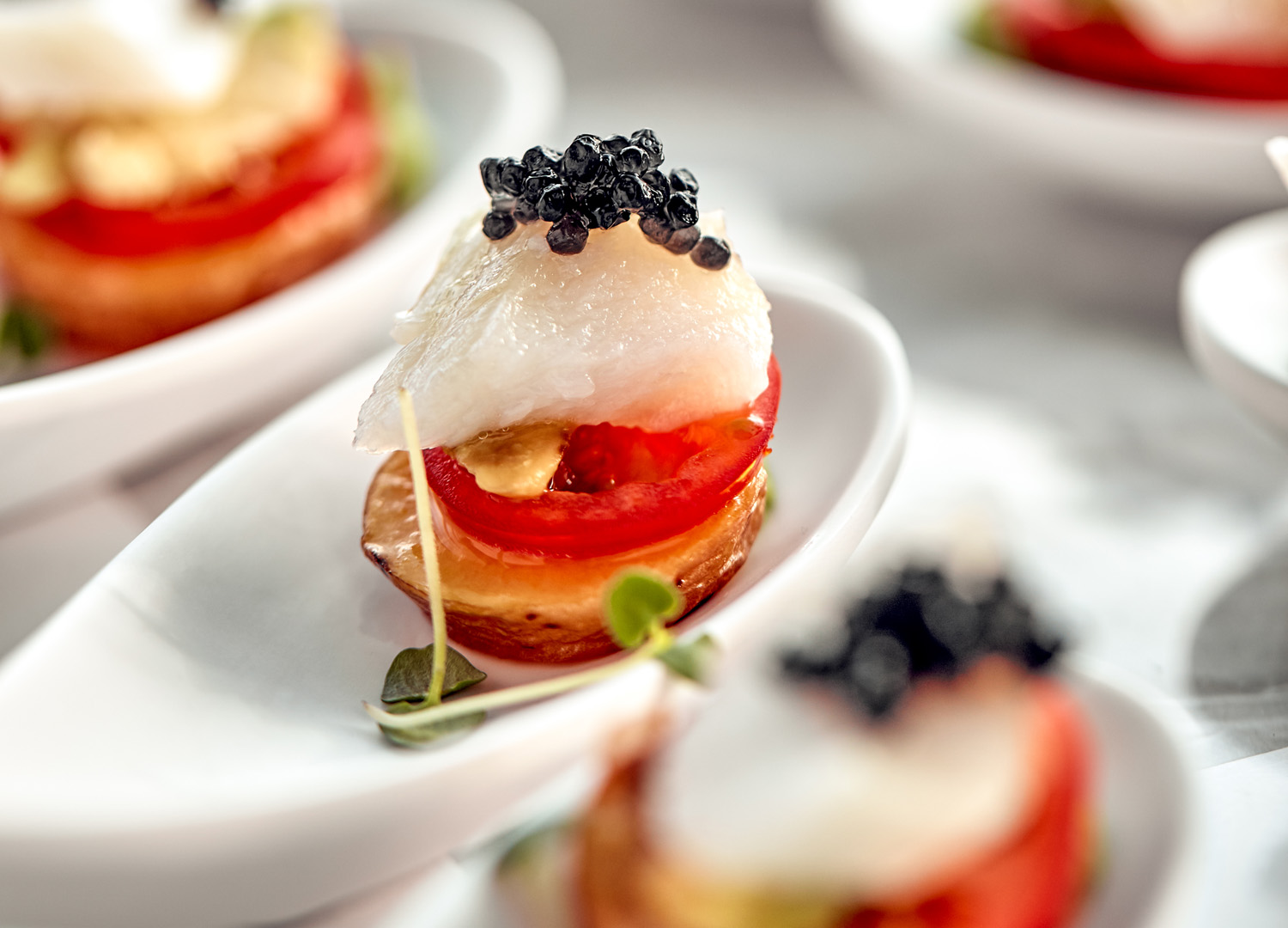 Delicious tartlets with black caviar. Concept of food, restaurant, catering, menu